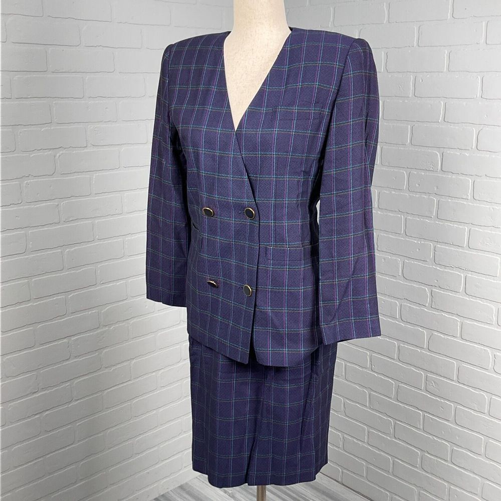 First Editions Skirt Suit Women 4P Purple Blue‎ Plaid Double Breasted Pleat VTG
